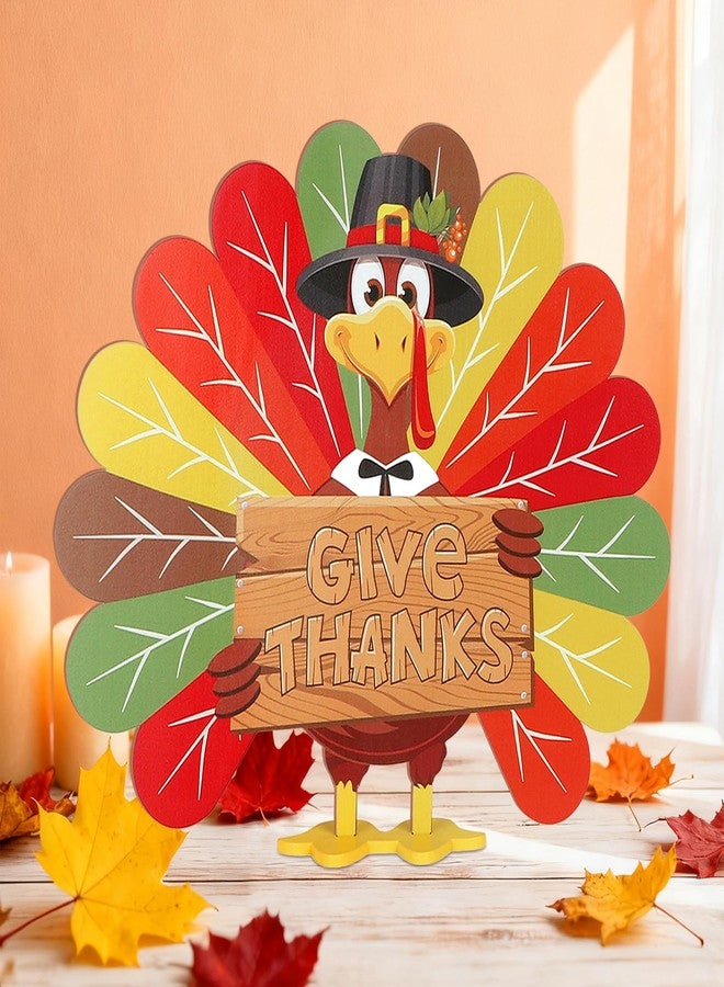 Sereliy Thanksgiving Turkey Decorations for Home, Wooden Turkey Table Signs, Give Thanks Tabletop Decor Indoor, Thanksgiving Fall Table Centerpieces for Holiday Fall Harvest Home Party Decorations - Image 3